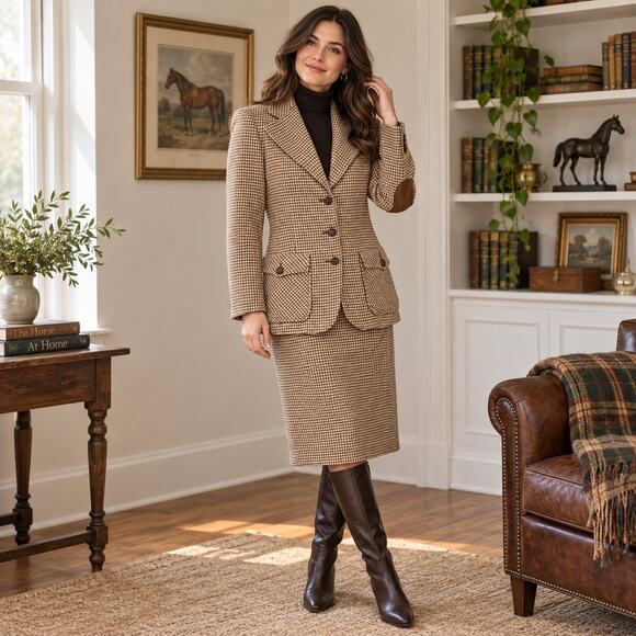 Dalton Jackets & Blazers - Vintage Dalton 100% Wool 2 Piece Suit Womens Houndstooth Blazer Skirt Brown